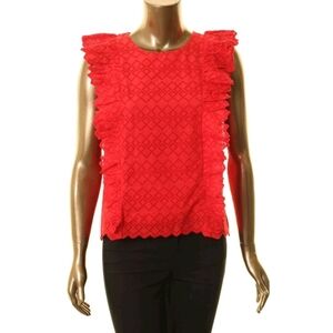 LAUREN RALPH LAUREN Women's Red Petite Eyelet Ruffled Blouse Shirt Top PM  New